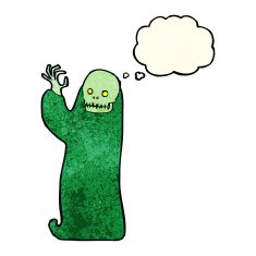 cartoon waving halloween ghoul with thought bubble N10