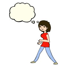 cartoon woman walking with thought bubble N11
