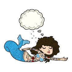 cartoon mermaid covered in tattoos with thought bubble N11