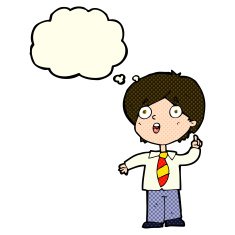 cartoon schoolboy answering question with thought bubble N11