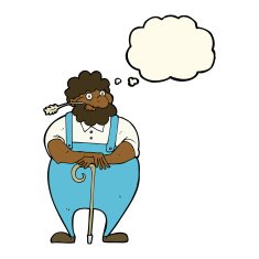 cartoon farmer leaning on walking stick with thought bubble N9