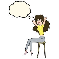 cartoon woman posing on stool with thought bubble N11