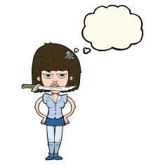 cartoon woman with knife between teeth thought bubble N43