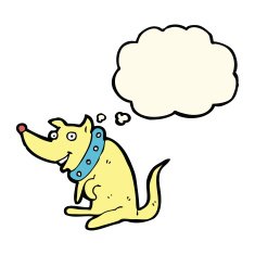 cartoon happy dog in big collar with thought bubble N9