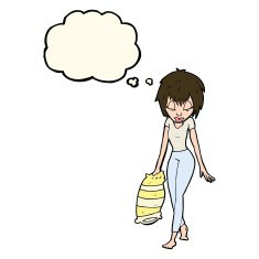 cartoon woman going to bed with thought bubble N10