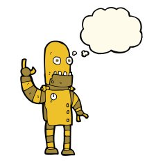 cartoon waving gold robot with thought bubble N4