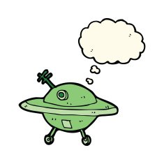 cartoon flying saucer with thought bubble N6