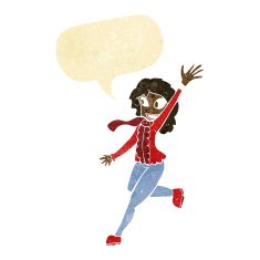 cartoon woman waving dressed for winter with speech bubble N11