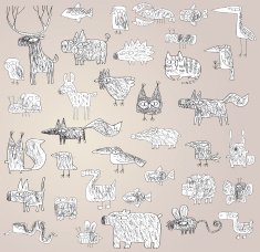 Funny Grunge Doodled Animals Collection in black and white