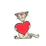 happy kitten hugging a red heart