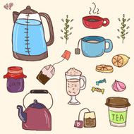 Hand drawn vector set of tea essentials - cups pot N2