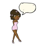 cartoon woman posing in dress with speech bubble N48