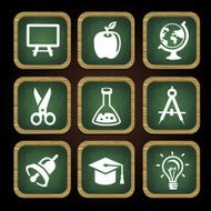 Education icons in square wooden frames