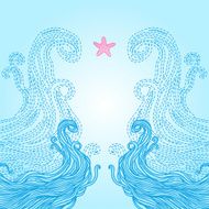 Elegant blue patterned frame with waves and starfish