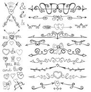 Doodle hand drawn arrows hearts deviders borders decor set