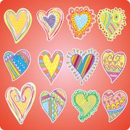Twelve colored hearts