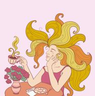 retro design coffee poster with girl drinking