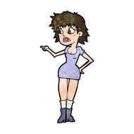 cartoon worried woman in dress pointing N8