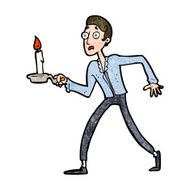 cartoon frightened man walking with candlestick N7