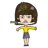 cartoon woman with knife between teeth N32