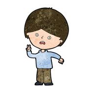cartoon unhappy boy giving peace sign N8