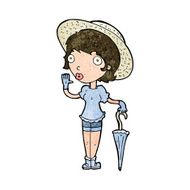 cartoon woman in summer hat waving N6