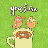 Cute greeting card with owls on cup Vector illustrations