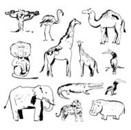 Animals of Africa Doodles vector set Isolated on white background