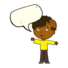 cartoon boy with growth on head speech bubble N48