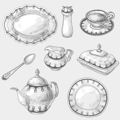 Hand drawn doodle sketch kitchen porcelain utensils kitchenware kettler teapot N2