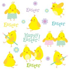 Easter holiday pattern with little chickens and decorations