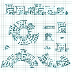 Set of hand drawn houses Different building brushes collection