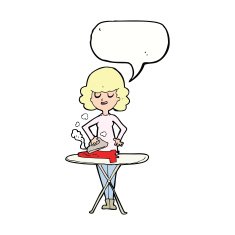 cartoon woman ironing with speech bubble N12