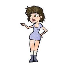 cartoon worried woman in dress pointing N8