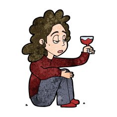 cartoon unhappy woman with glass of wine N9