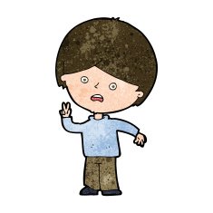 cartoon unhappy boy giving peace sign N8