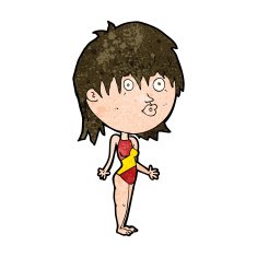 cartoon woman in swimsuit shrugging shoulders N8