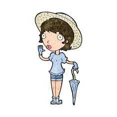 cartoon woman in summer hat waving N6