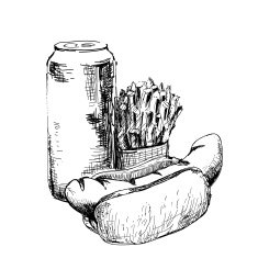 Hot dog bun and french fries