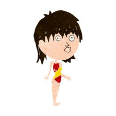 cartoon woman in swimsuit shrugging shoulders N9