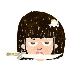cartoon woman holding knife between teeth N10