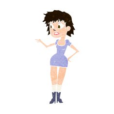 cartoon worried woman in dress pointing N9