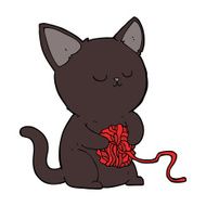 cartoon cute black cat playing with ball of yarn N8