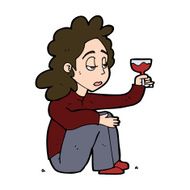 cartoon unhappy woman with glass of wine N11
