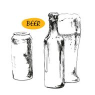 Glass of beer beer bottles and cans