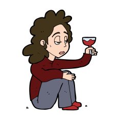 cartoon unhappy woman with glass of wine N11