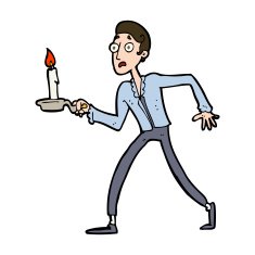 cartoon frightened man walking with candlestick N9