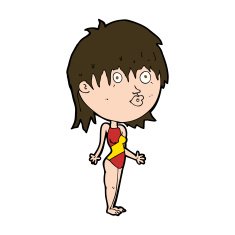 cartoon woman in swimsuit shrugging shoulders N10