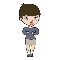cartoon woman gesturing at self N30