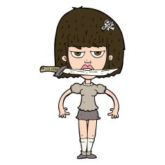 cartoon woman with knife between teeth N42